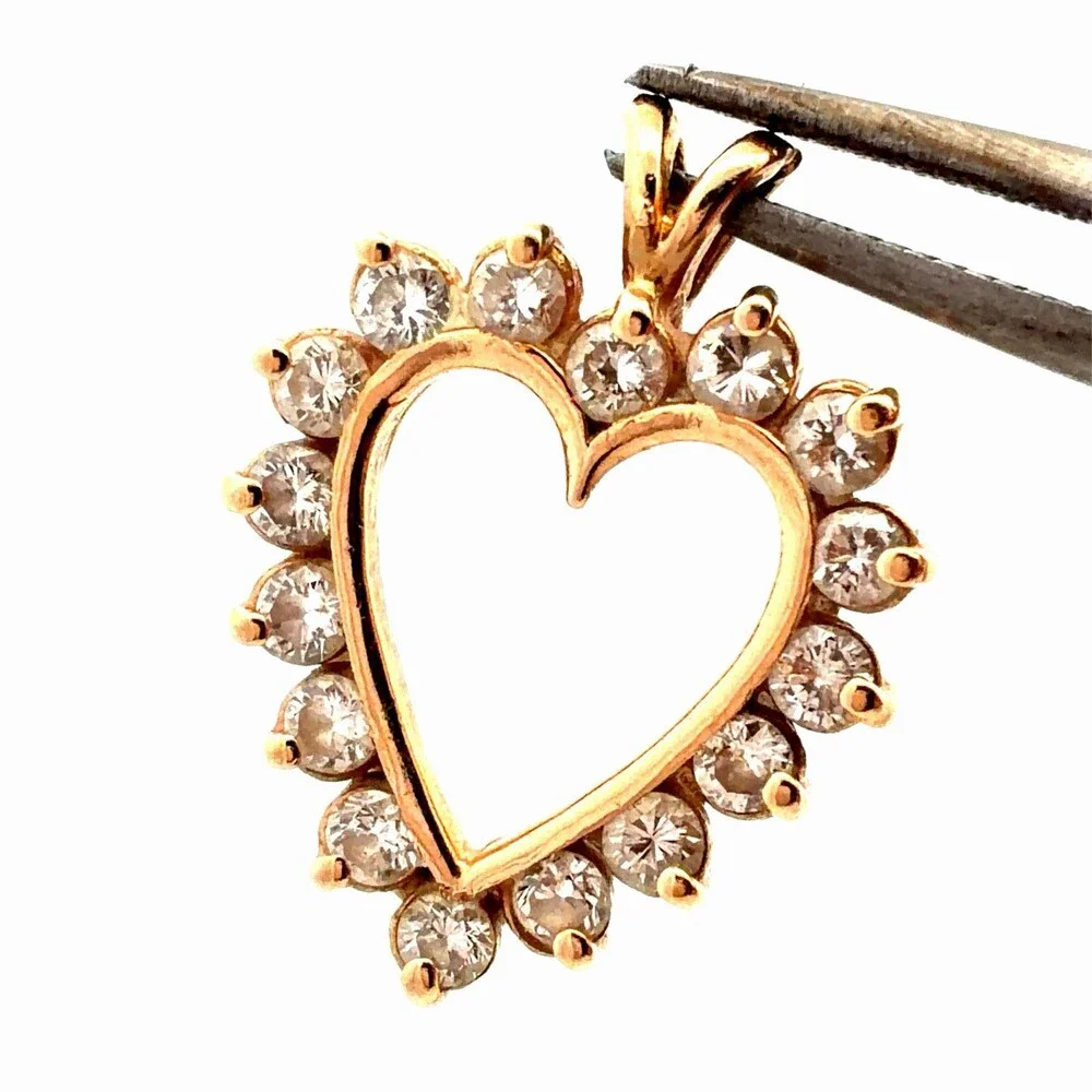 Estate 14K Yellow Gold Round Diamond Heart Love Anniversary Pendant
